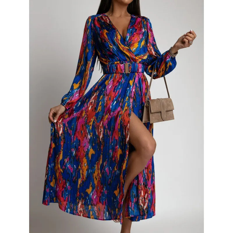 Women's Fashion Print Waist Long Sleeve Side Slit Dress