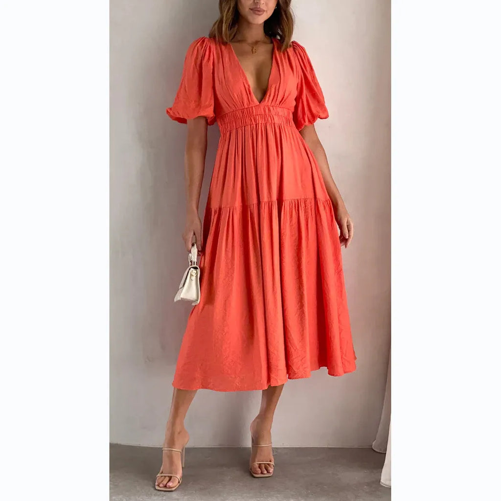 Women Casual Elegant V-Neck Solid Color Puff Sleeve Maxi Dress