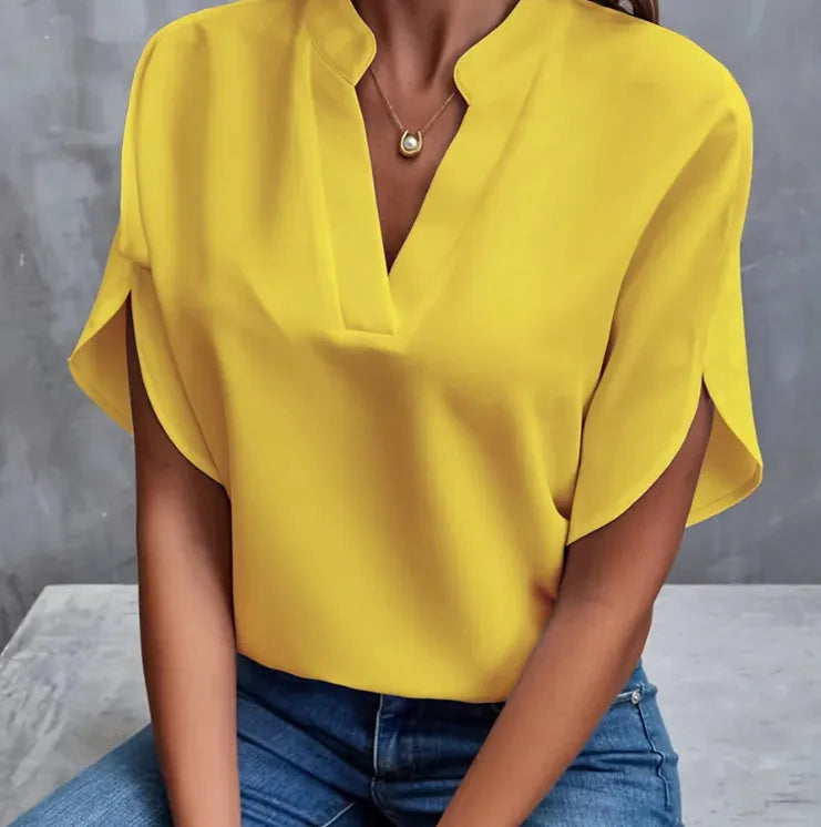 Buy 1 Get 1 Women Summer V-Neck Shirt Solid Color Casual Short-Sleeved Pullover Office Blouse