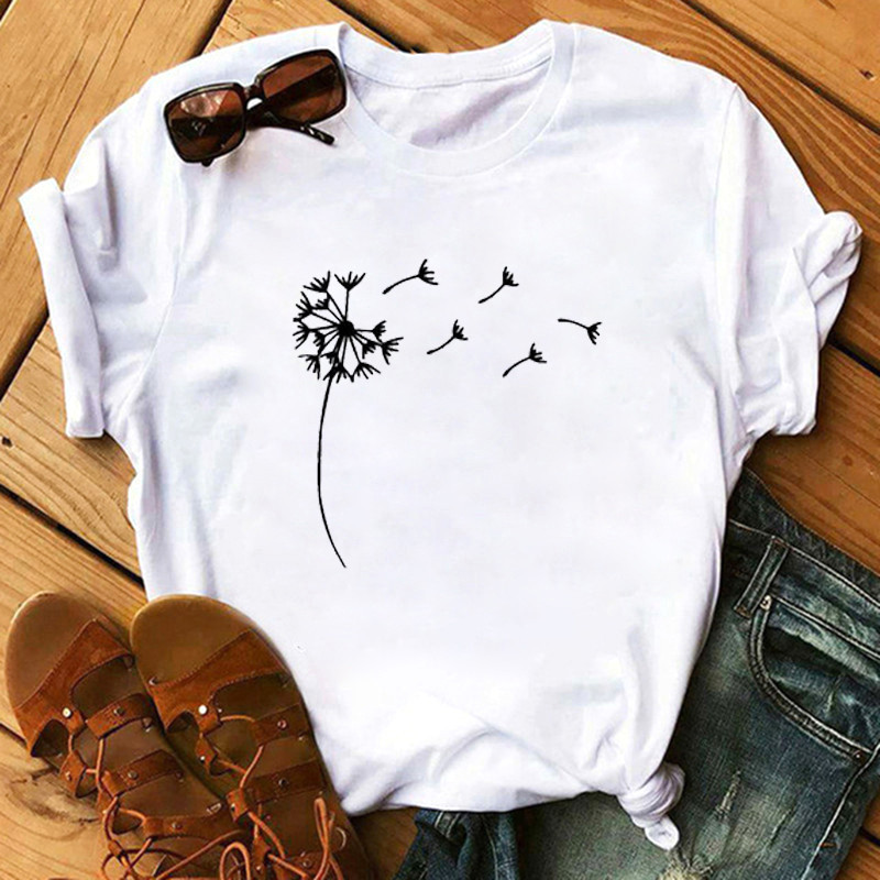 Women'S Fashion Love Flower Hot Air Balloon Print Round Neck Short Sleeve T-Shirt