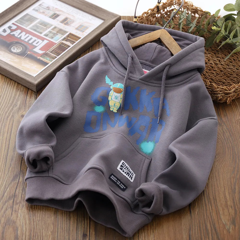 Boys Casual Spaceman Letter Pattern Fleece-Lined Thickening Hoodie