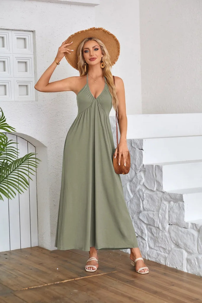 Summer Women Fashion Solid Color V-Neck Halter Neck Backless Maxi Dress