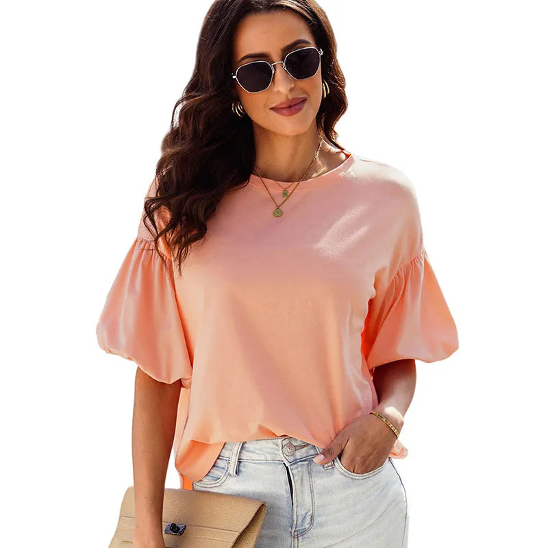 Women Casual Solid Color Pullover Round Neck Puff Sleeve Blouses