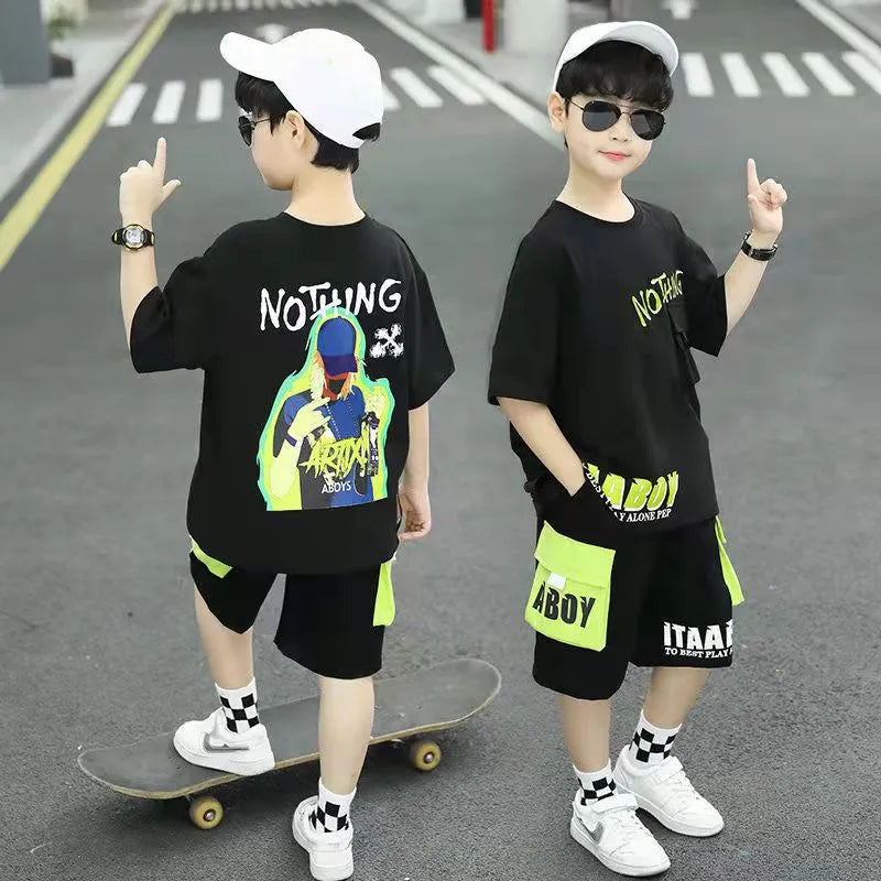 Kids Boys Casual Round Neck Short Aleeve Letter Image Pattern Loose T-Shirt And Elastic Shorts Set