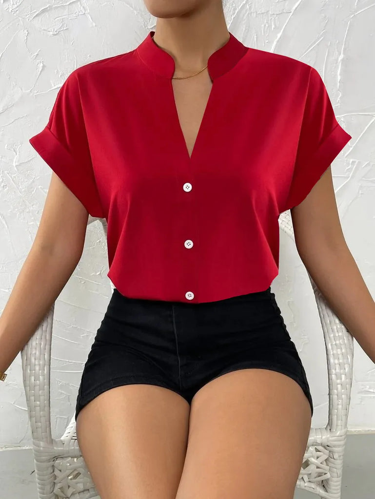 Summer Women Solid Color Simple V-Neck Short Sleeve Shirt