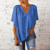 Women Casual Loose Solid Color V-Neck Pullover Ruffled Short Sleeve Blouses