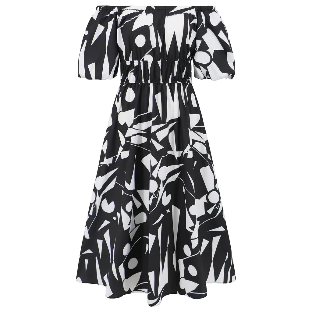 Women'S Sexy Printed Off-Shoulder Puff Sleeve Dress