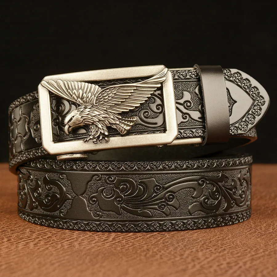 Men Fashion Casual Business Solid Color Embossed Leather Eagle Metal Buckle Belt