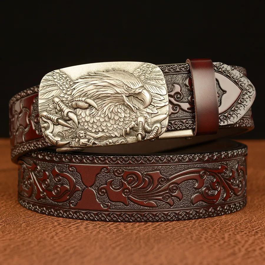 Men Fashion Casual Business Solid Color Embossed Leather Eagle Metal Buckle Belt