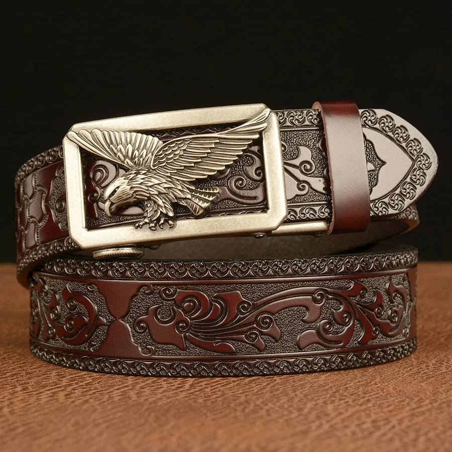 Men Fashion Casual Business Solid Color Embossed Leather Eagle Metal Buckle Belt