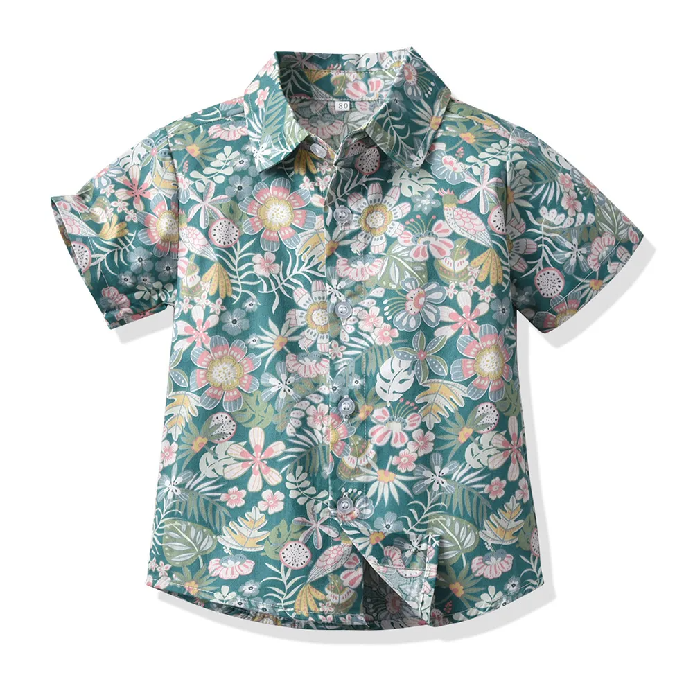 Children Kids Fashion Casual Vacation Cotton Lapel Floral Print Single-Breasted Short-Sleeved Top