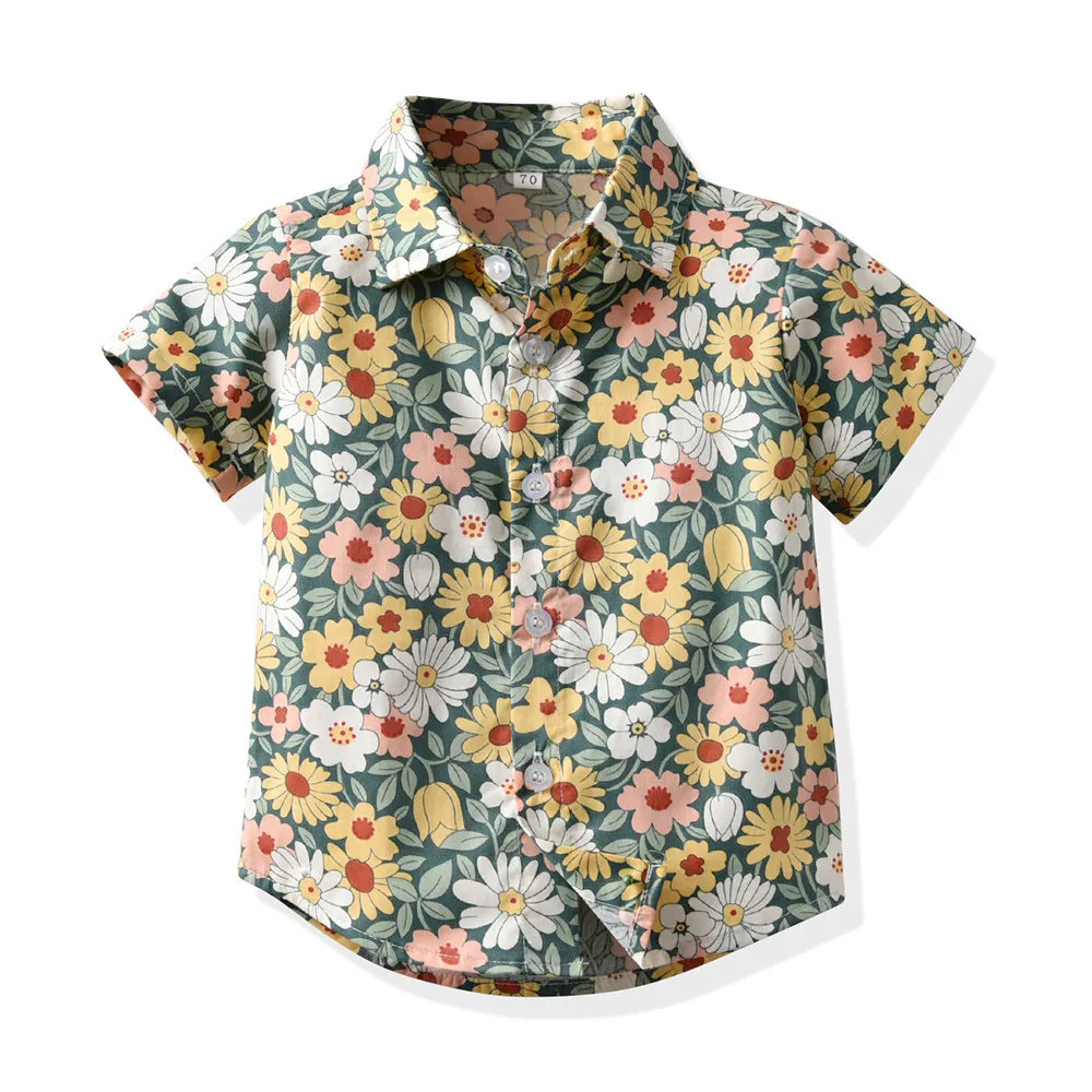 Children Kids Fashion Casual Vacation Cotton Lapel Floral Print Single-Breasted Short-Sleeved Top