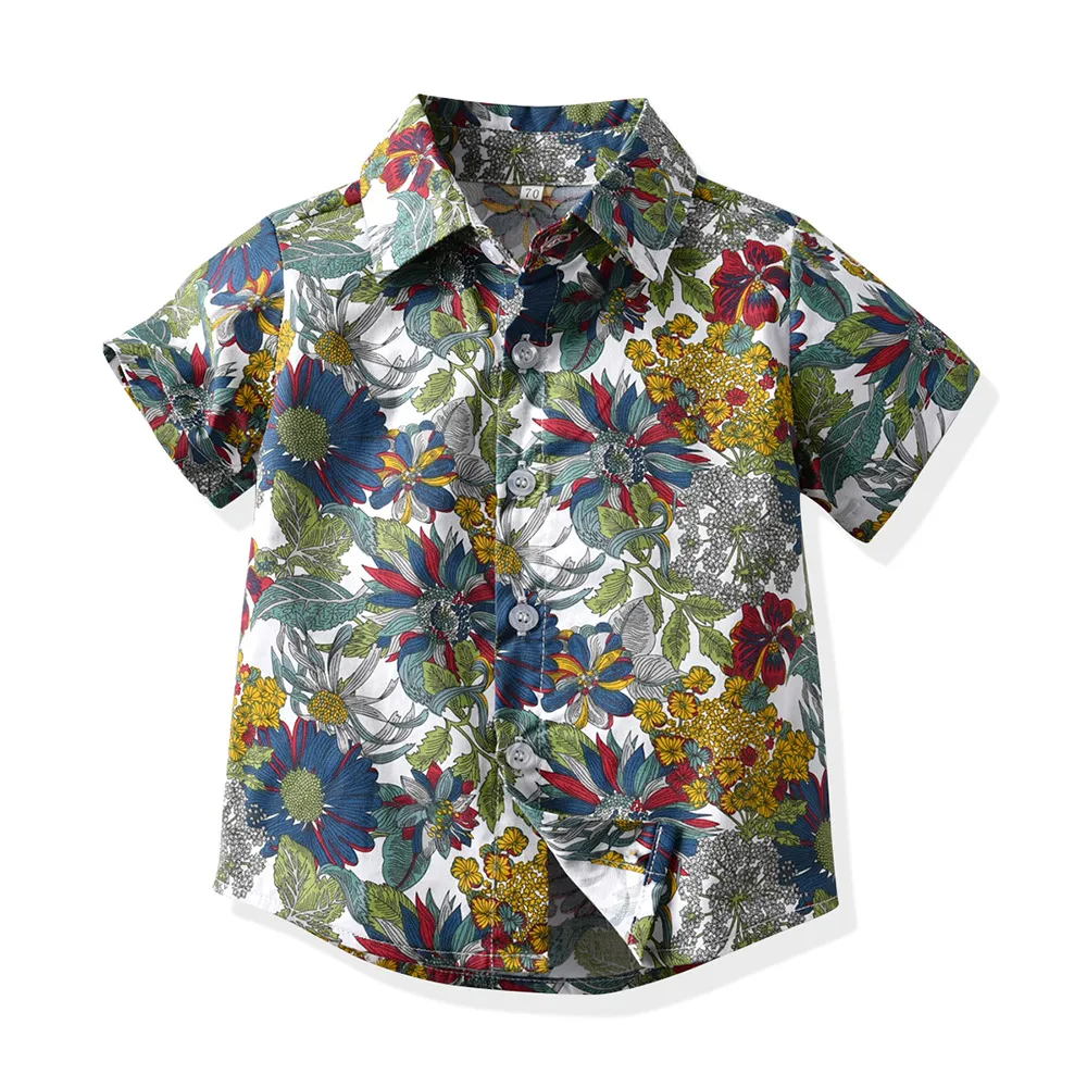 Children Kids Fashion Casual Vacation Cotton Lapel Floral Print Single-Breasted Short-Sleeved Top