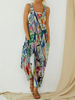 Women Vintage Casual Abstract Print Wide Strap Jumpsuits