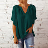 Women Casual Loose Solid Color V-Neck Pullover Ruffled Short Sleeve Blouses