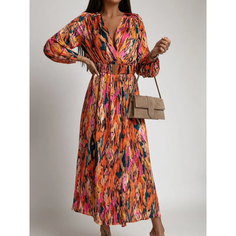 Women's Fashion Print Waist Long Sleeve Side Slit Dress