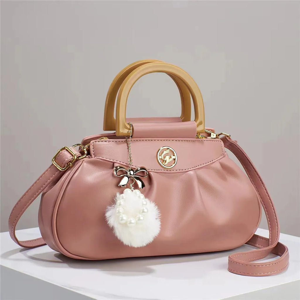 Women Fashion Plush Pendant Creased Large Capacity PU Handbag