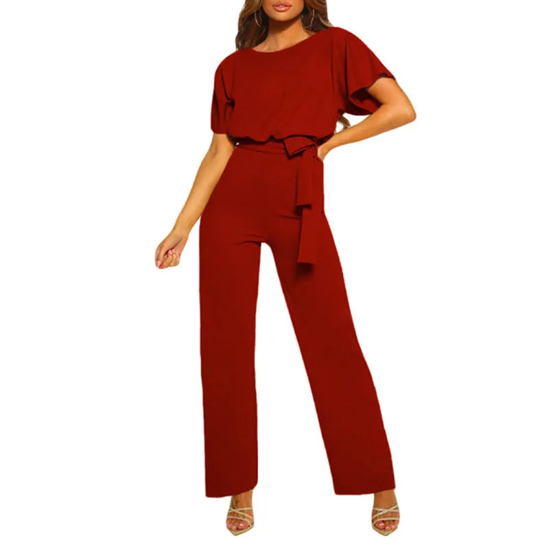 Women Fashion Casual Solid Color Round Neck Short Sleeve High Waist Wide Leg Lace Up Jumpsuit