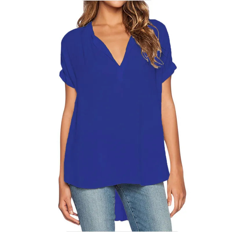 Office Chic Fashion Casual Women Short Sleeve Solid V Neck Loose Blouse