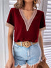 Women Elegant Short Sleeves Color Blocking Patchwork V Neck Blouse