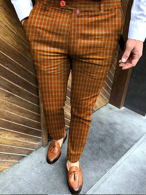 Men Basic Mid-Waist Plaid Printed Color Blocking Straight Suit Pants