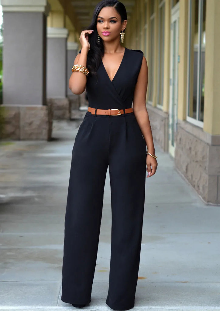 Women Elegant Work Office High Waist V Neck Sleeveless Solid Color Wide Leg Jumpsuits With Belt