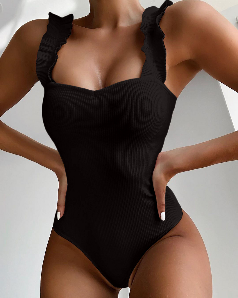 Women Fashion Solid Color Basic Ruffled Strap Tight Bodysuit