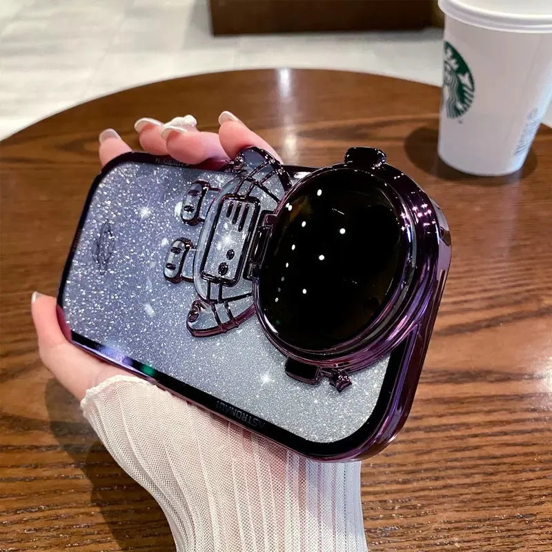Buy 1 Get 1 Fashion Personality Astronaut Flip Lens Holder Electroplating Gradient Glitter Apple Case