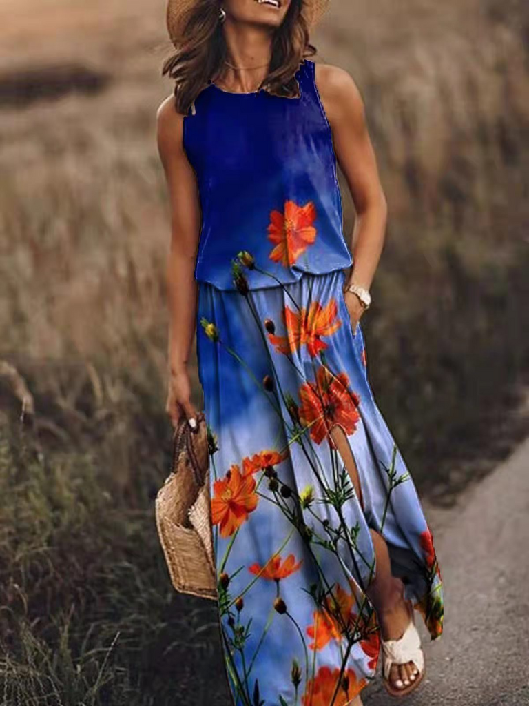 Women Fashion Vintage Casual Floral Printing Sleeveless Slit Loose Dress