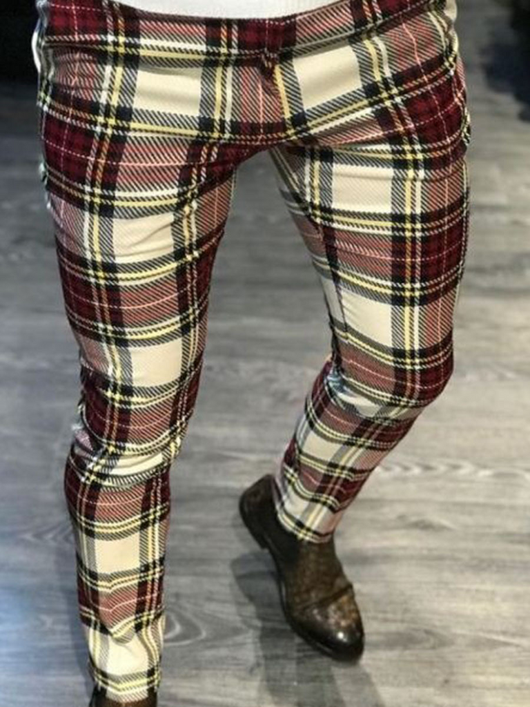 Men Basic Mid-Waist Plaid Printed Color Blocking Straight Suit Pants