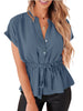 Women Fashion Solid Color Drawstring Chiffon Short Sleeve Shirt