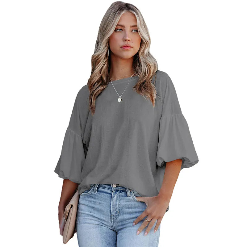 Women Casual Solid Color Pullover Round Neck Puff Sleeve Blouses