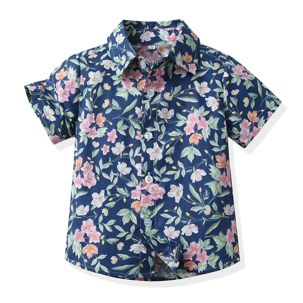 Children Kids Fashion Casual Vacation Cotton Lapel Floral Print Single-Breasted Short-Sleeved Top