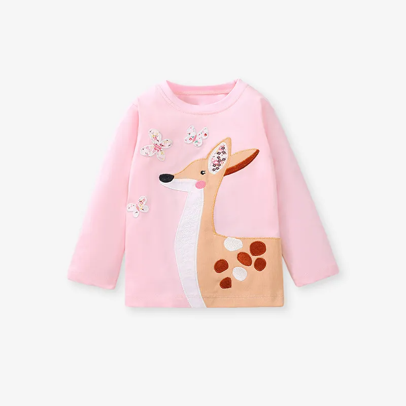 ( Buy 1 Get 1 )  Kids Toddler Big Girls Fashion Casual Cute Butterfly Fawn Embroidery Round Neck Long Sleeve T-Shirt