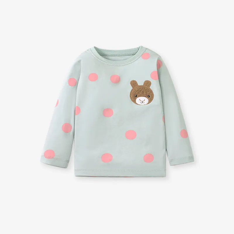 ( Buy 1 Get 1 ) Kids Toddler Big Girls Fashion Casual Cute Polka Dot Cartoon Bear Embroidery Round Neck Long Sleeve T-Shirt