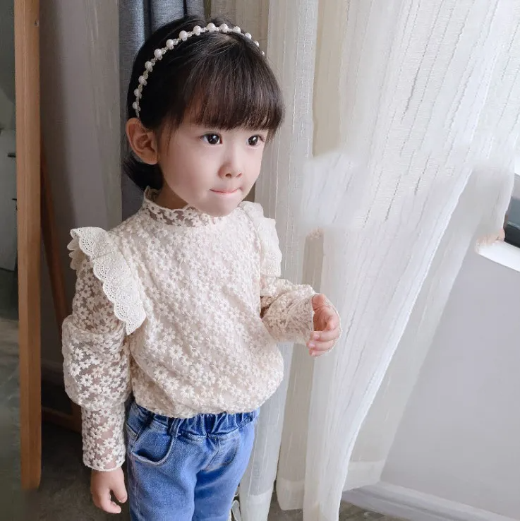 Girls Cute Slim Solid Color Flower Lace Lined Long-Sleeved Blouse