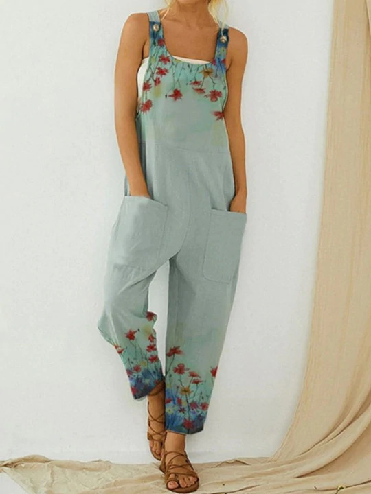 Women Vintage Casual Abstract Print Wide Strap Jumpsuits