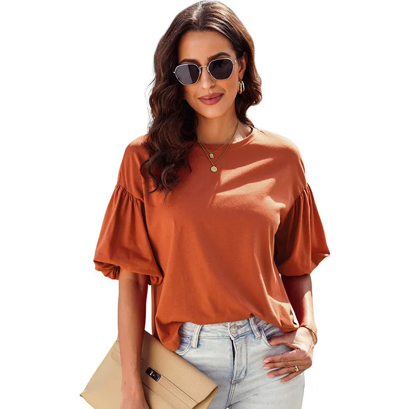 Women Casual Solid Color Pullover Round Neck Puff Sleeve Blouses