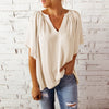 Women Casual Loose Solid Color V-Neck Pullover Ruffled Short Sleeve Blouses