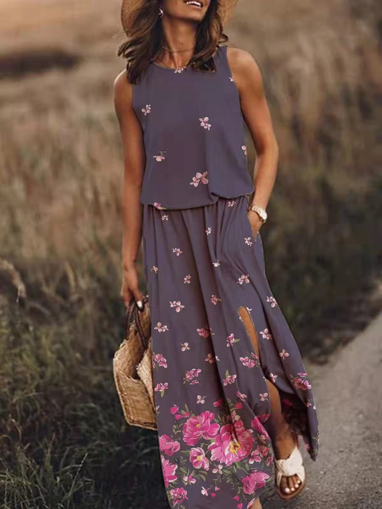 Women Fashion Vintage Casual Floral Printing Sleeveless Slit Loose Dress