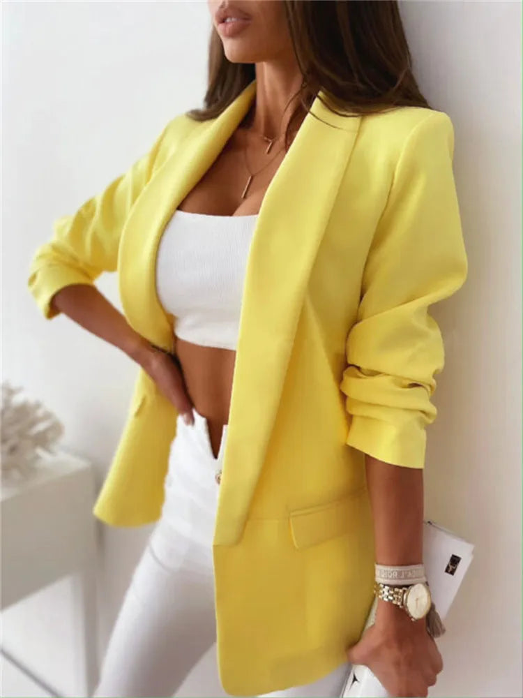 Fashion Women Office Autumn Winter Solid Color Plaid Long-Sleeved Lapel Blazer