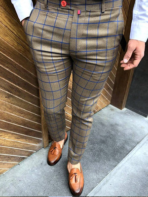 Men Basic Mid-Waist Plaid Printed Color Blocking Straight Suit Pants