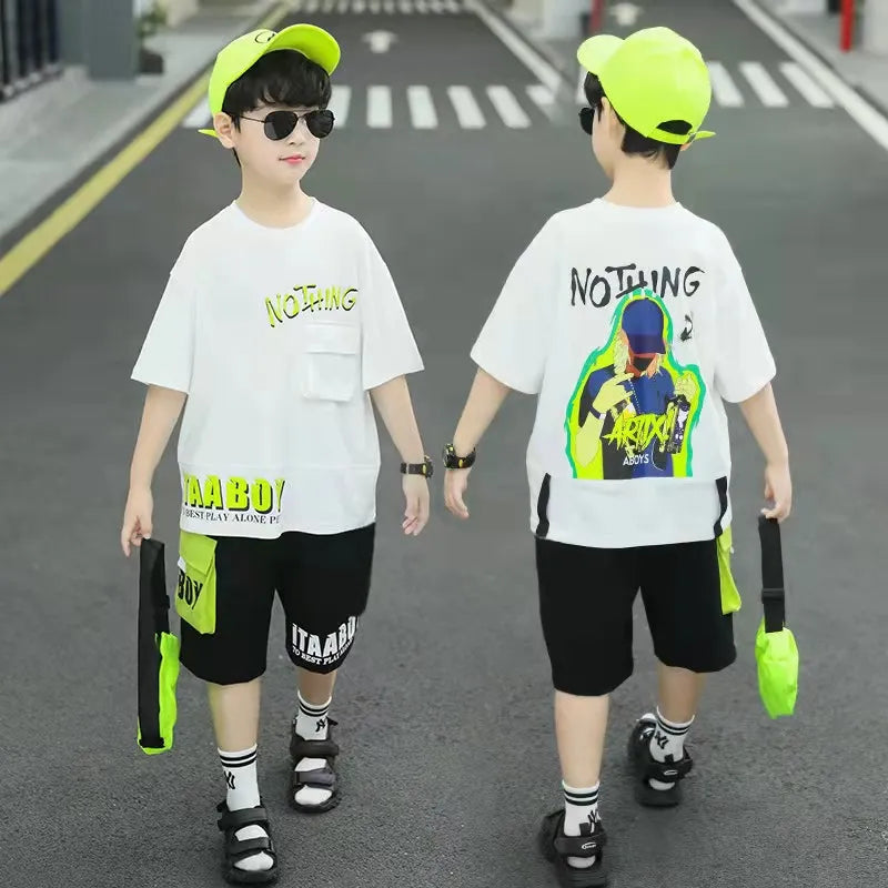 Kids Boys Casual Round Neck Short Aleeve Letter Image Pattern Loose T-Shirt And Elastic Shorts Set