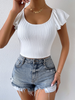 Petal Sleeve Fashion Solid Color Women Round Neck Basic Rib-Knit Top