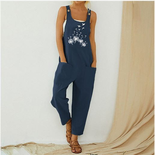 Women Vintage Casual Abstract Print Wide Strap Jumpsuits