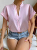 Summer Women Solid Color Simple V-Neck Short Sleeve Shirt