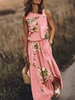 Women Fashion Vintage Casual Floral Printing Sleeveless Slit Loose Dress