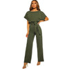 Women Fashion Casual Solid Color Round Neck Short Sleeve High Waist Wide Leg Lace Up Jumpsuit