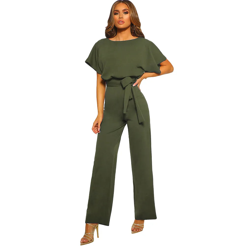 Women Fashion Casual Solid Color Round Neck Short Sleeve High Waist Wide Leg Lace Up Jumpsuit