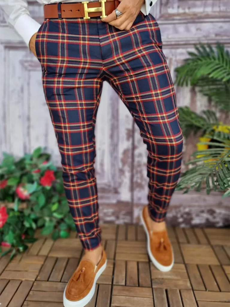 Men Basic Mid-Waist Plaid Printed Color Blocking Straight Suit Pants